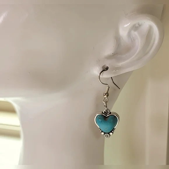 Western Turquoise Blue & Silver Dangle Heart Earrings  / Pierced - Picture 3 of 5